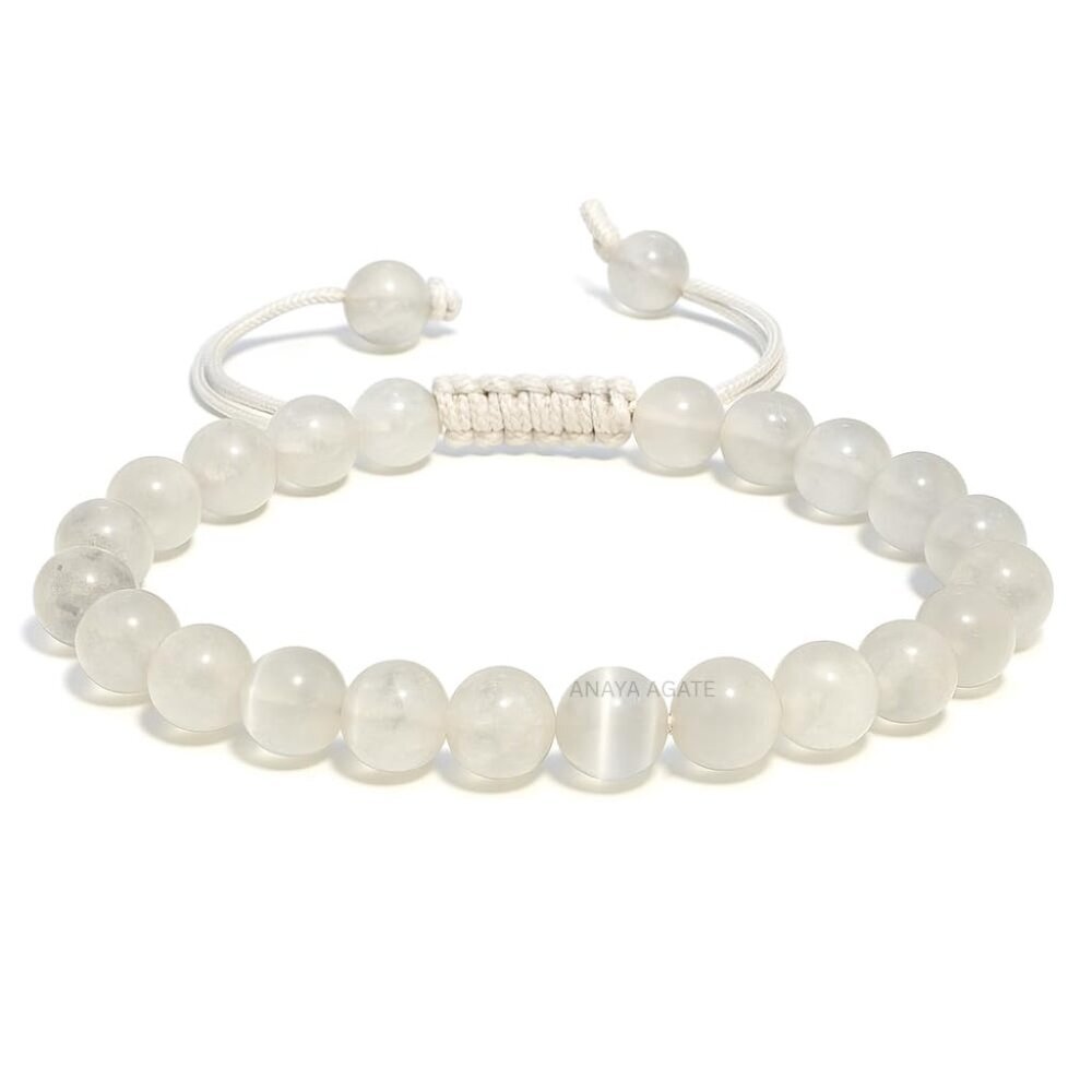 Selenite Crystal Bracelet – Gemstone Bead Bracelet with Adjustable Macrame Strin